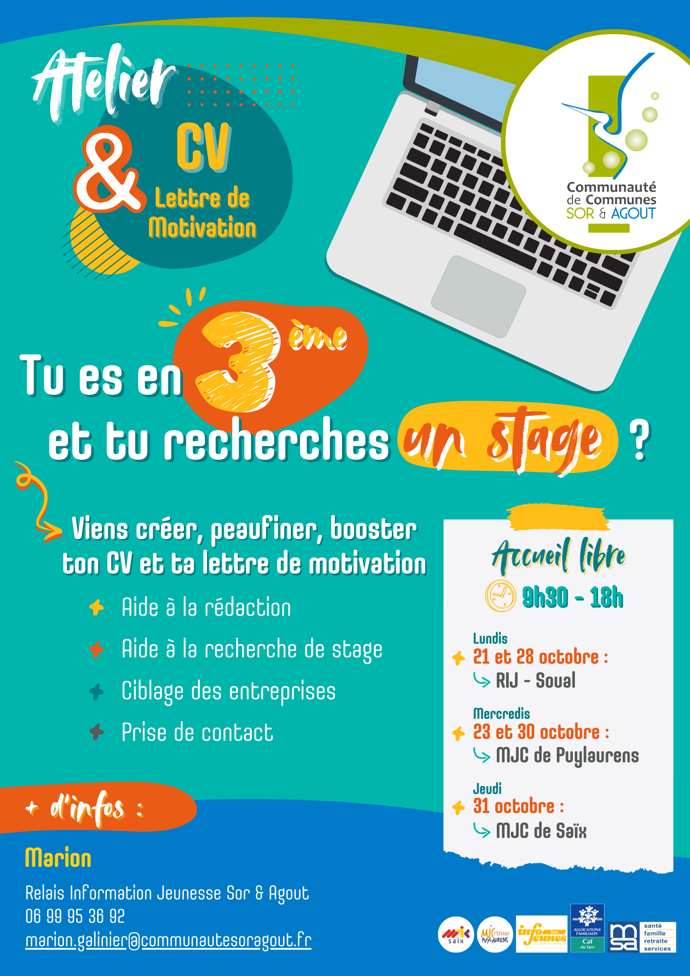 affiche atelier CV lettre de motivation pour les élèves de 3ème