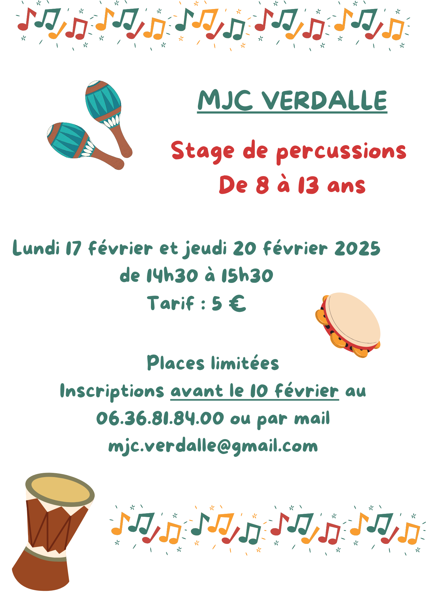 affiche stage de percussions avec la MJC