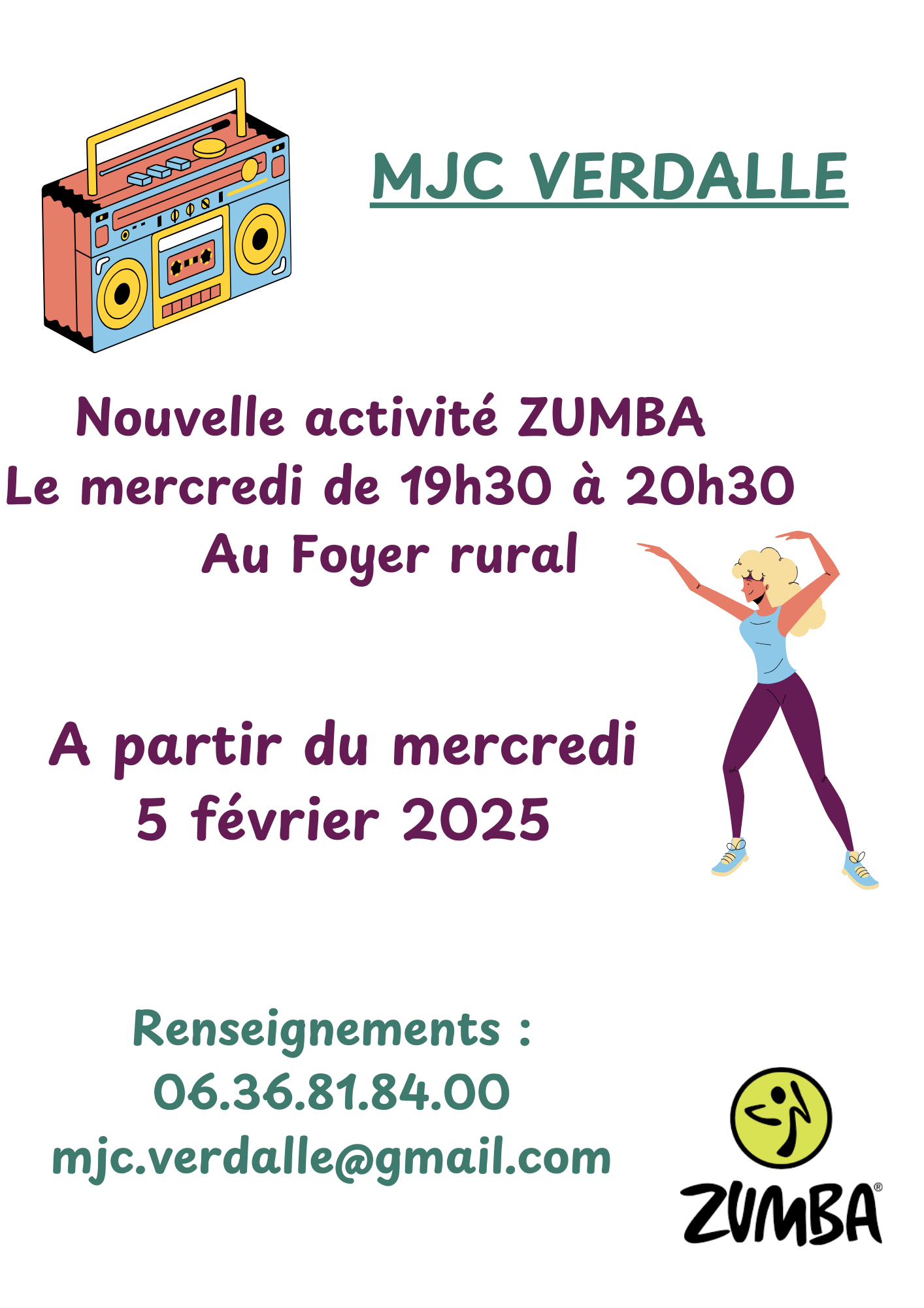 affiche cours de zumba avec la MJC